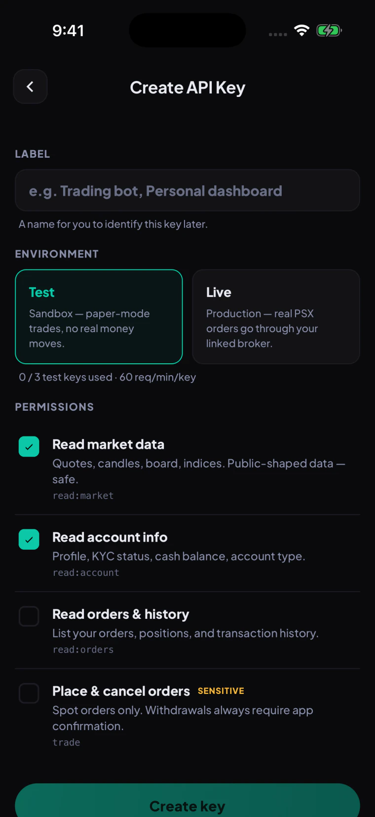 Tijarat API key creation screen with test and live environments and permission controls