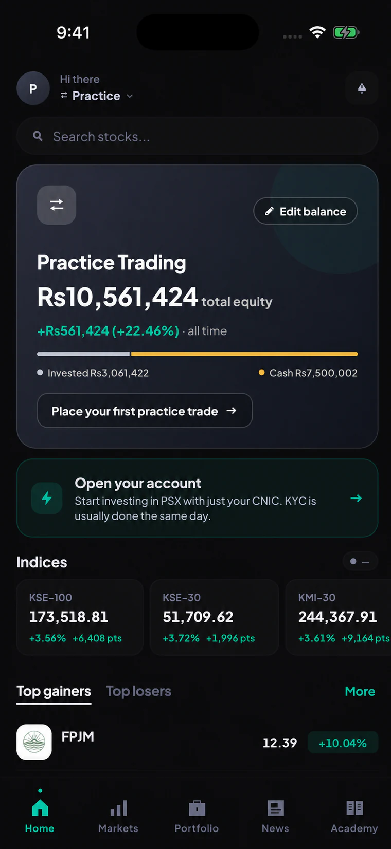 Tijarat Practice home showing virtual cash, a simulated portfolio, and PSX market shortcuts