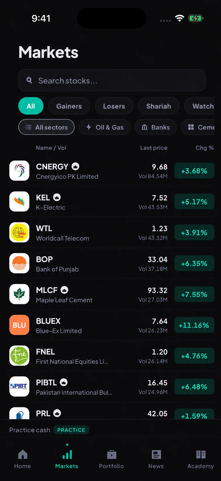 Tijarat Markets screen with PSX company search, filters, prices, and daily moves
