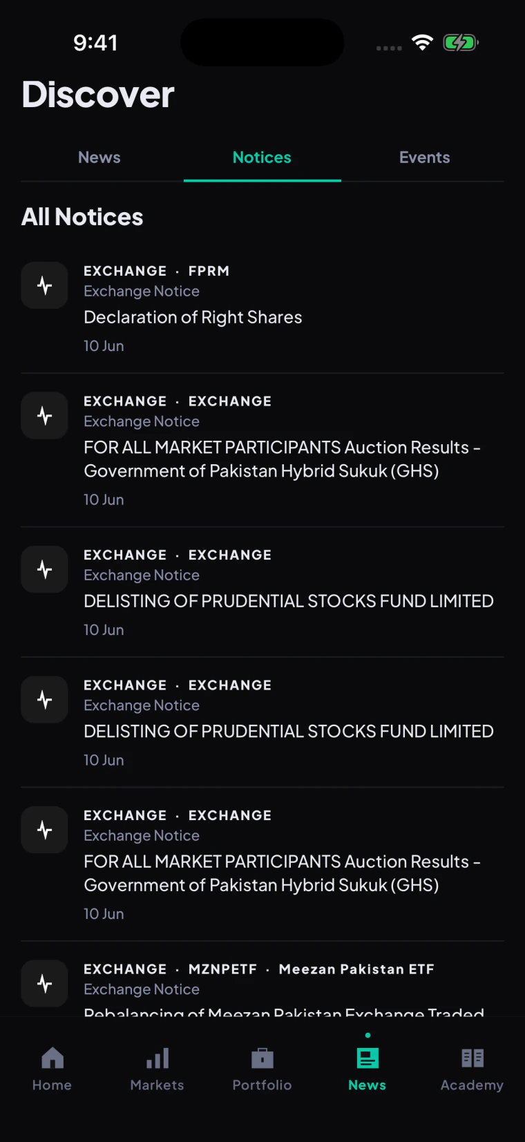 Tijarat company notices screen showing official market announcements and event context